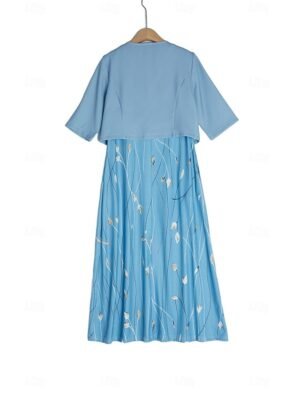 Elegant Regular Fit Floral Crew Neck Half Sleeve Midi Dress Set - Image 5