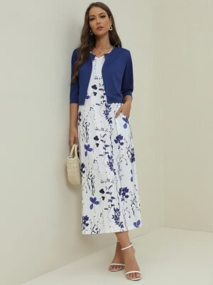 Elegant Regular Fit Floral Crew Neck Half Sleeve Midi Dress Set - Image 6