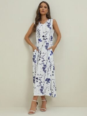 Elegant Regular Fit Floral Crew Neck Half Sleeve Midi Dress Set - Image 8