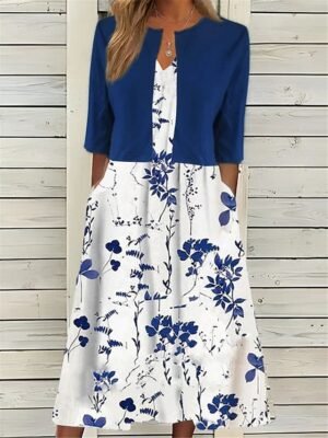 Elegant Regular Fit Floral Crew Neck Half Sleeve Midi Dress Set - Image 9