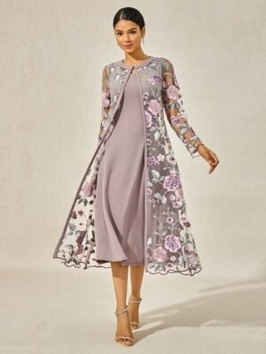 Elegant Regular Fit Floral Crew Neck Long Sleeve Tea Length Cocktail Dress Set - Image 1
