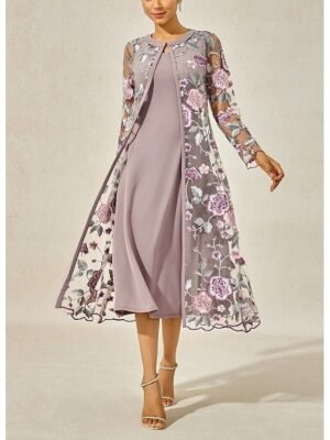 Elegant Regular Fit Floral Crew Neck Long Sleeve Tea Length Cocktail Dress Set - Image 11