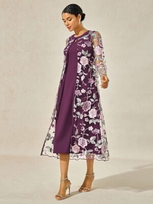 Elegant Regular Fit Floral Crew Neck Long Sleeve Tea Length Cocktail Dress Set - Image 12