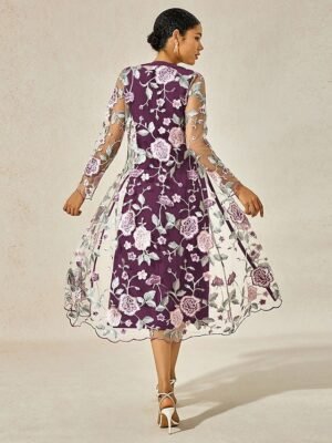 Elegant Regular Fit Floral Crew Neck Long Sleeve Tea Length Cocktail Dress Set - Image 14