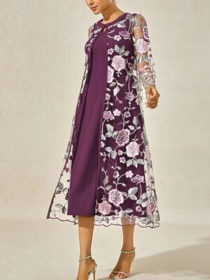 Elegant Regular Fit Floral Crew Neck Long Sleeve Tea Length Cocktail Dress Set - Image 15