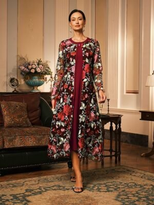 Elegant Regular Fit Floral Crew Neck Long Sleeve Tea Length Cocktail Dress Set - Image 16