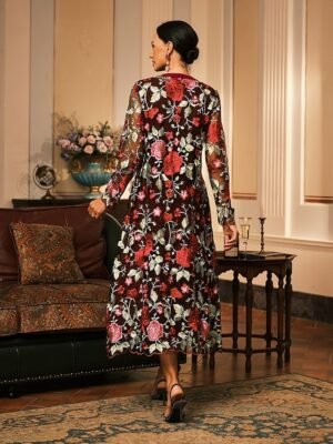 Elegant Regular Fit Floral Crew Neck Long Sleeve Tea Length Cocktail Dress Set - Image 17