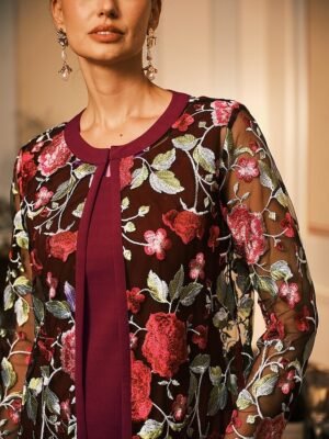 Elegant Regular Fit Floral Crew Neck Long Sleeve Tea Length Cocktail Dress Set - Image 18