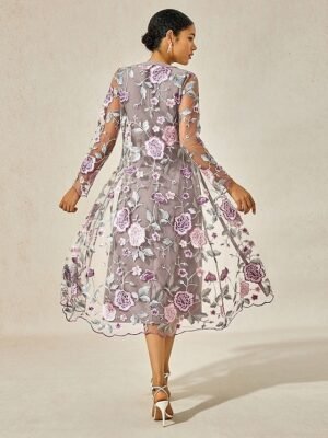 Elegant Regular Fit Floral Crew Neck Long Sleeve Tea Length Cocktail Dress Set - Image 2