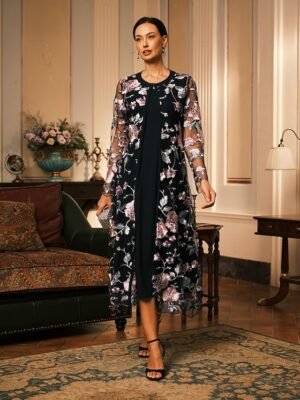 Elegant Regular Fit Floral Crew Neck Long Sleeve Tea Length Cocktail Dress Set - Image 22
