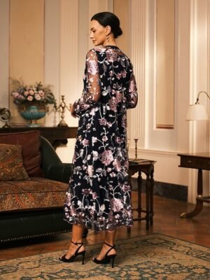 Elegant Regular Fit Floral Crew Neck Long Sleeve Tea Length Cocktail Dress Set - Image 23