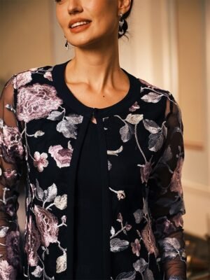 Elegant Regular Fit Floral Crew Neck Long Sleeve Tea Length Cocktail Dress Set - Image 24