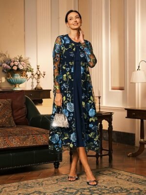 Elegant Regular Fit Floral Crew Neck Long Sleeve Tea Length Cocktail Dress Set - Image 28