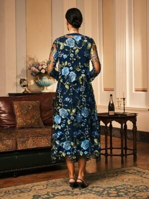 Elegant Regular Fit Floral Crew Neck Long Sleeve Tea Length Cocktail Dress Set - Image 29