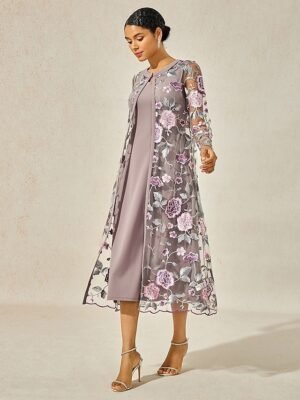 Elegant Regular Fit Floral Crew Neck Long Sleeve Tea Length Cocktail Dress Set - Image 3