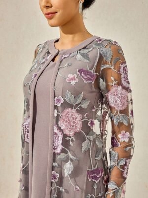 Elegant Regular Fit Floral Crew Neck Long Sleeve Tea Length Cocktail Dress Set - Image 4