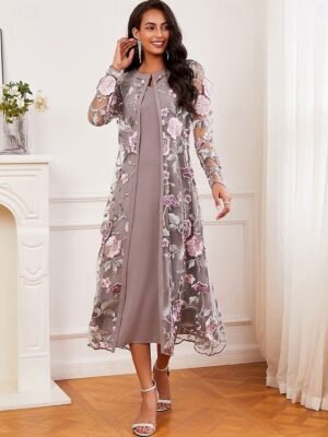 Elegant Regular Fit Floral Crew Neck Long Sleeve Tea Length Cocktail Dress Set - Image 7
