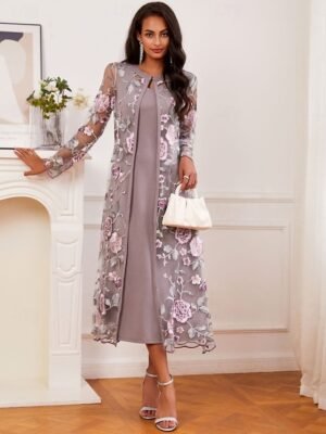 Elegant Regular Fit Floral Crew Neck Long Sleeve Tea Length Cocktail Dress Set - Image 8