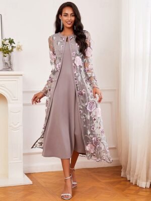 Elegant Regular Fit Floral Crew Neck Long Sleeve Tea Length Cocktail Dress Set - Image 9