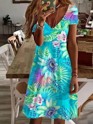 Elegant Regular Fit Floral Crew Neck Short Sleeve Mini Dress - Image 1