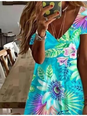 Elegant Regular Fit Floral Crew Neck Short Sleeve Mini Dress - Image 3
