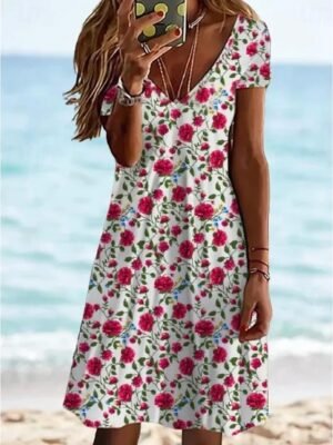 Elegant Regular Fit Floral Crew Neck Short Sleeve Mini Dress - Image 6