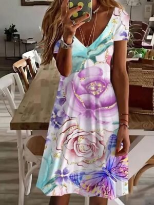 Elegant Regular Fit Floral Crew Neck Short Sleeve Mini Dress - Image 9
