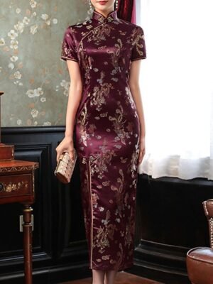 Elegant Regular Fit Floral Embroidery Stand Short Sleeve Midi Sheath Dress - Image 1