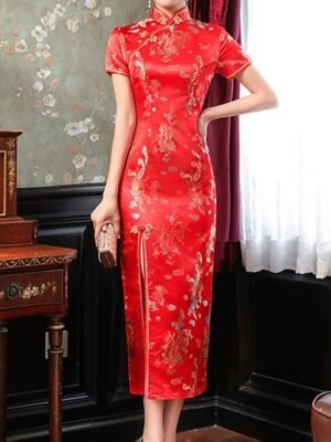 Elegant Regular Fit Floral Embroidery Stand Short Sleeve Midi Sheath Dress - Image 11