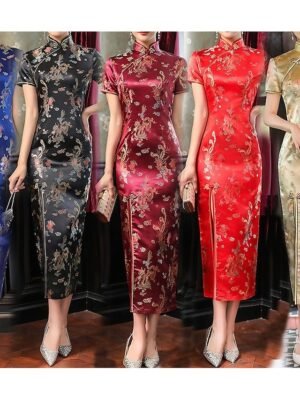 Elegant Regular Fit Floral Embroidery Stand Short Sleeve Midi Sheath Dress - Image 3