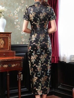 Elegant Regular Fit Floral Embroidery Stand Short Sleeve Midi Sheath Dress - Image 4