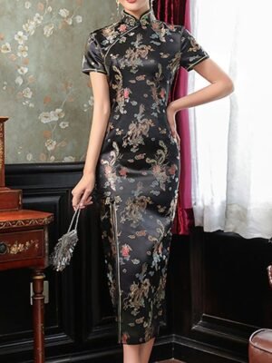 Elegant Regular Fit Floral Embroidery Stand Short Sleeve Midi Sheath Dress - Image 5
