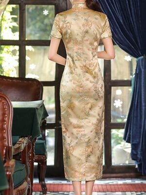 Elegant Regular Fit Floral Embroidery Stand Short Sleeve Midi Sheath Dress - Image 8