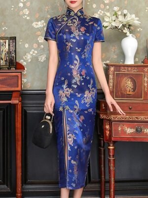 Elegant Regular Fit Floral Embroidery Stand Short Sleeve Midi Sheath Dress - Image 9