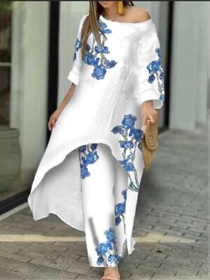 Elegant Regular Fit Floral Round Neck Long Sleeve Shirt Pants Set - Image 3