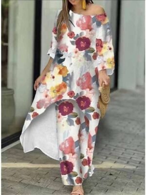 Elegant Regular Fit Floral Round Neck Long Sleeve Shirt Pants Set - Image 5