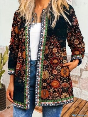 Elegant Regular Fit Floral Square Neck Long Sleeve Jacket - Image 10