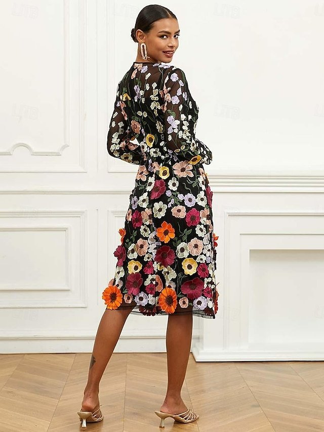 Elegant Regular Fit Floral V Neck Bishop Sleeve Midi Dress - Image 2