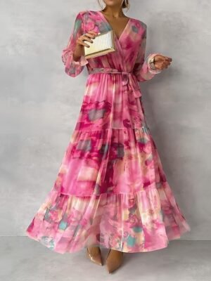 Elegant Regular Fit Floral V Neck Long Sleeve Maxi Chiffon Dress - Image 1