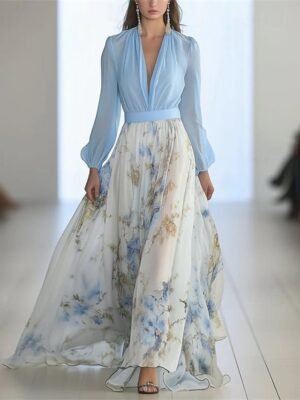 Elegant Regular Fit Floral V Neck Long Sleeve Maxi Dress - Image 1