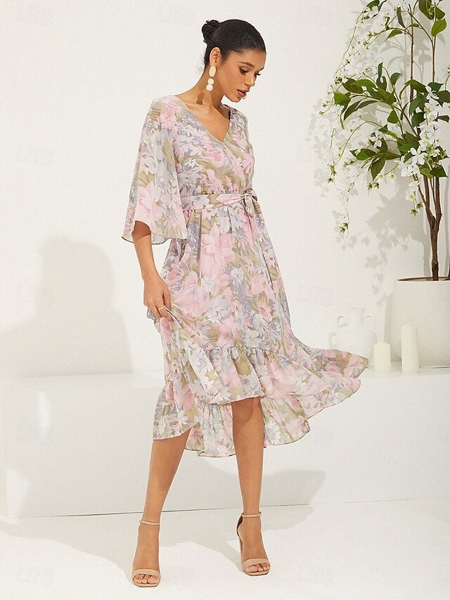 Elegant Regular Fit Floral V Neck Long Sleeve Maxi Chiffon Dress - Image 11