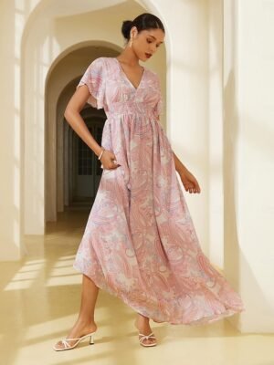 Elegant Regular Fit Floral V Neck Long Sleeve Maxi Chiffon Dress - Image 19