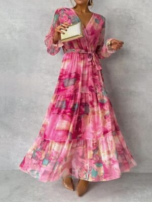 Elegant Regular Fit Floral V Neck Long Sleeve Maxi Chiffon Dress - Image 2
