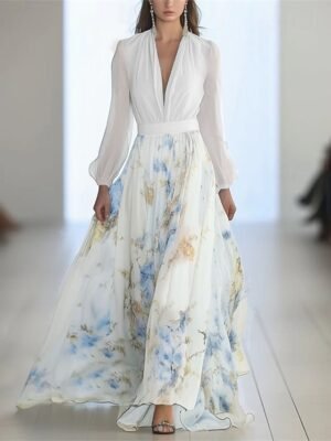 Elegant Regular Fit Floral V Neck Long Sleeve Maxi Dress - Image 2