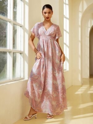 Elegant Regular Fit Floral V Neck Long Sleeve Maxi Chiffon Dress - Image 20