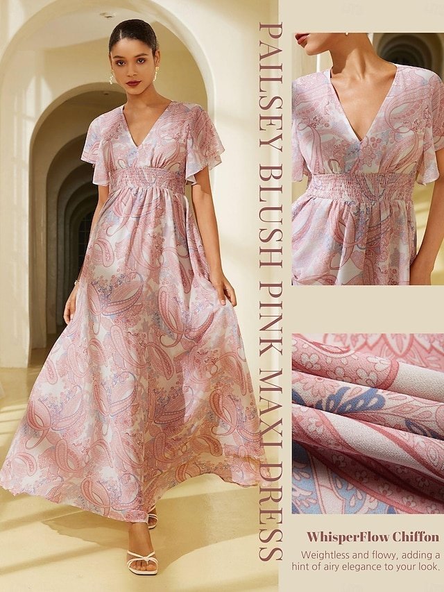 Elegant Regular Fit Floral V Neck Long Sleeve Maxi Chiffon Dress - Image 27