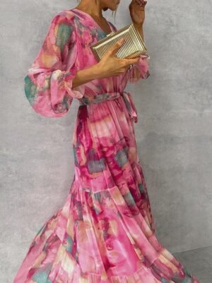 Elegant Regular Fit Floral V Neck Long Sleeve Maxi Chiffon Dress - Image 3