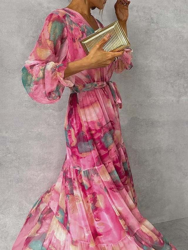 Elegant Regular Fit Floral V Neck Long Sleeve Maxi Chiffon Dress - Image 3