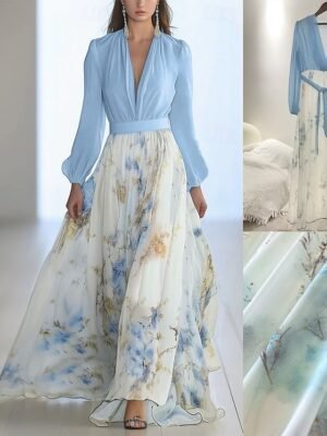 Elegant Regular Fit Floral V Neck Long Sleeve Maxi Dress - Image 3
