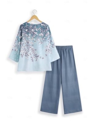 Elegant Regular Fit Floral V Neck Long Sleeve Two Piece Shirt and Wide Leg Trousers Set - Image 7